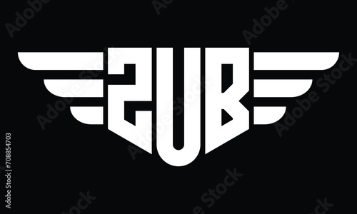 ZUB three letter logo, creative wings shape logo design vector template. letter mark, word mark, monogram symbol on black & white.