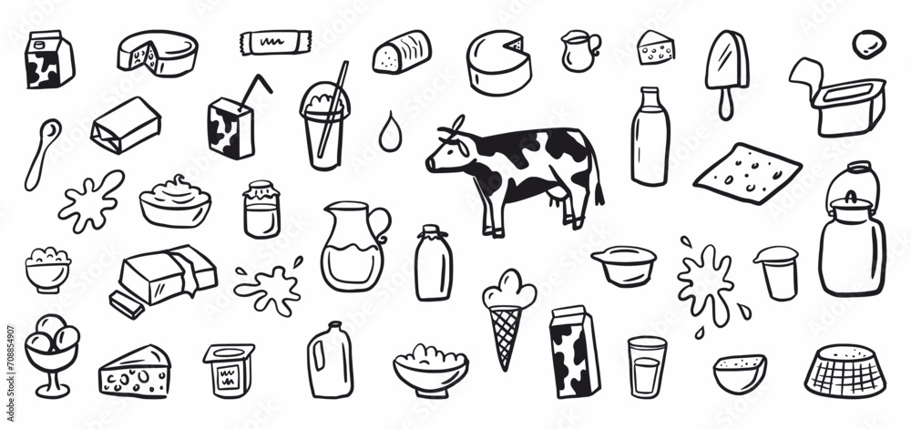 Vector collection of hand-drawn dairy products in doodle style Vector collection of hand-drawn dairy products in doodle style
