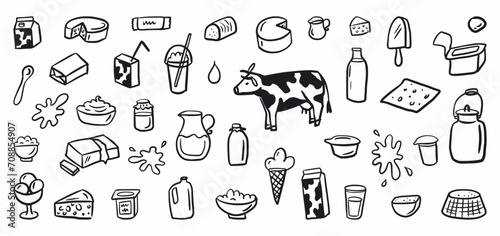 Vector collection of hand-drawn dairy products in doodle style
