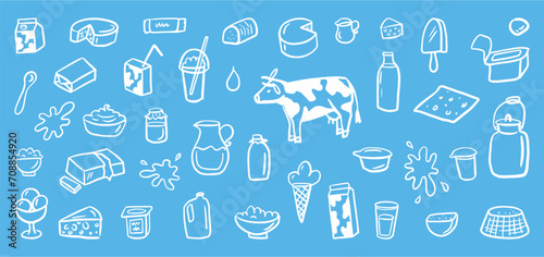 Vector collection of hand-drawn dairy products in doodle style