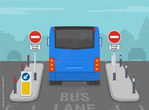 Safe driving tips and traffic regulation rules. Keep left, no vehicles except buses sign. Back view of a bus moving through traffic island. Flat vector illustration template.