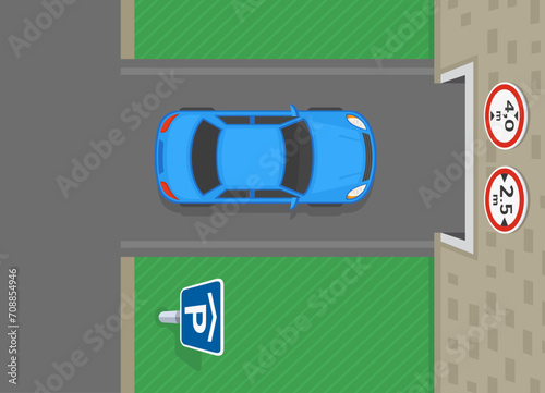 Safe driving tips and traffic regulation rules. Top view of a sedan car in front of garage parking with height and width limit signs. Flat vector illustration template.