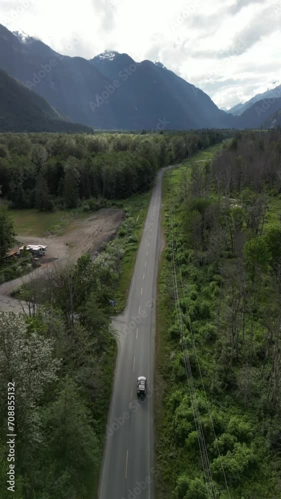 Aerial view of the road, for a car driving through the beautiful scenery of Squamish Canada Aerial view of the road, for a car driving through the beautiful scenery of Squamish Canada