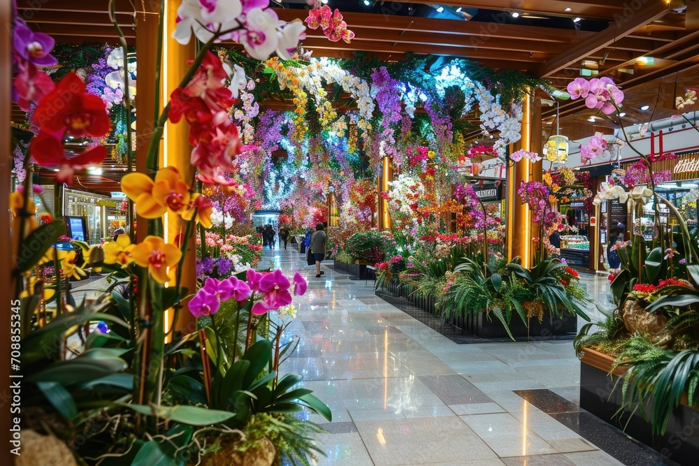 Shopping center decorated with flowers orchids.