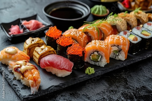 Assorted sushi. Sushi set on slate served with soy. Japanese cuisine.