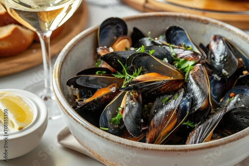 A delicious bowl of black mussels with white wine.