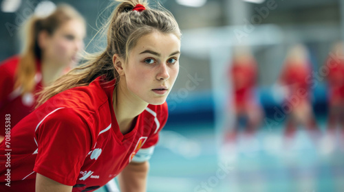 A focused indoor hockey player in red, crouched and ready, exemplifies determination and anticipation during a competitive game. © Liana