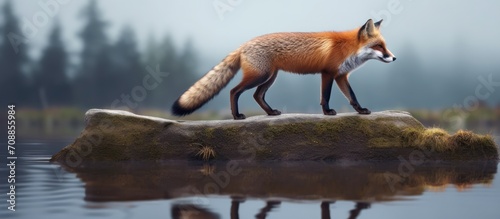 a fox is walking on the river bank