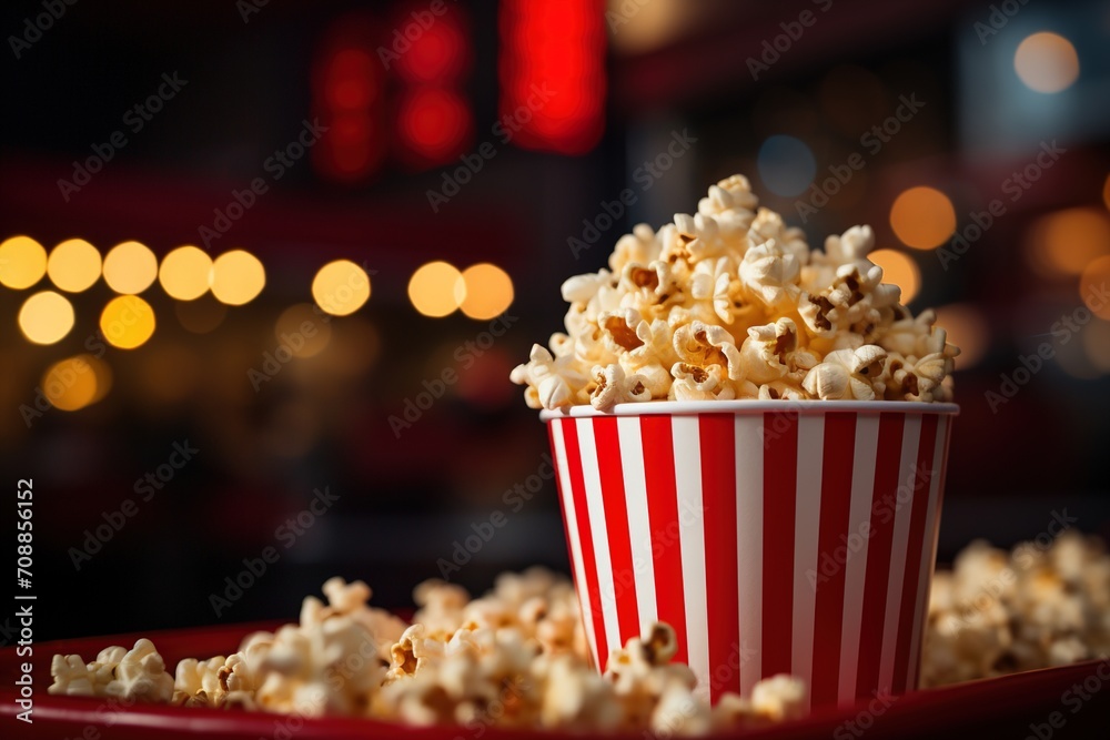 Red and white striped popcorn bucket with spilled popcorn