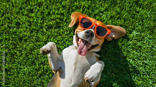 happy beagle dog lying on its back on a grassy surface, wearing a pair of sunglasses adorable photo