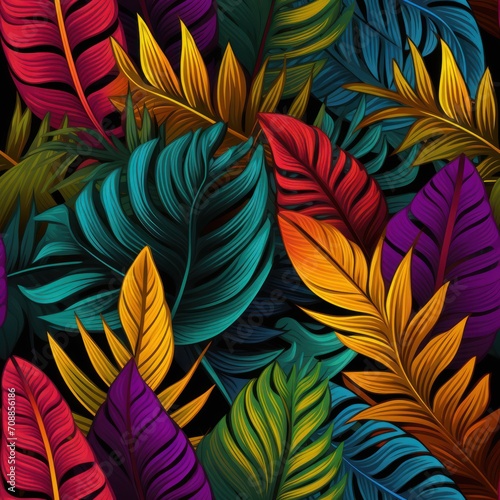 Colorful tropical leaves illustrated with vibrant colors in a graphic design