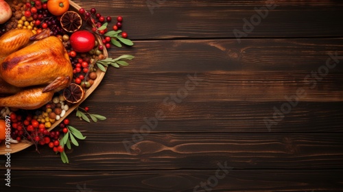 Traditional Thanksgiving turkey dinner. Overhead view side border on a dark wood banner background with copy space