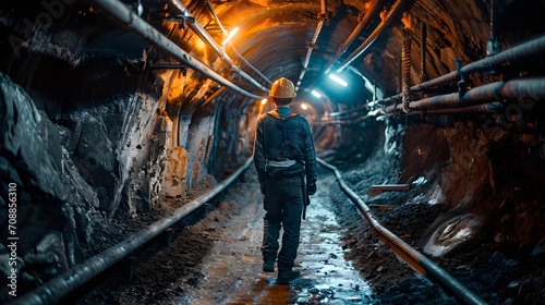 A solitary figure in a hard hat stands in a rugged underground tunnel illuminated by harsh overhead lights.