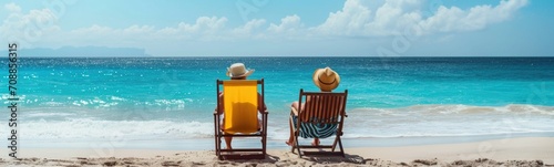 Elderly couple sitting on beach. Travel background. Banner