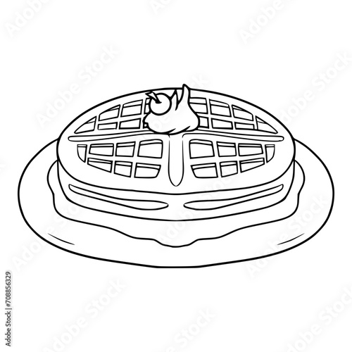 waffle with cream and maple syrup illustration hand drawn sketch outline vector