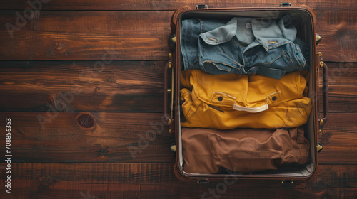 Flat lay of packed clothes luggage for summer holiday vacation photo