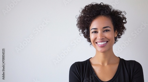 A gorgeous picture of a woman with a brilliant smile and charisma that is recorded in high definition on a flawless white background