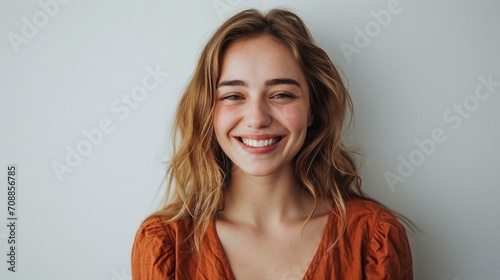 An endearing woman with a warm grin, captured in stunning detail against a blank white background