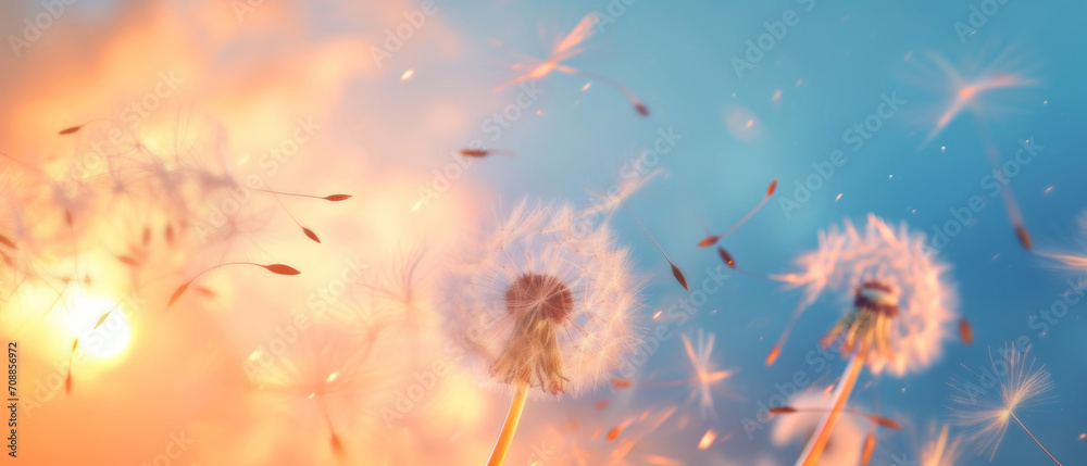 Obraz premium The ethereal beauty of a Danish clock dispersing seed in the field wallpaper summer floats through the wind in the sky