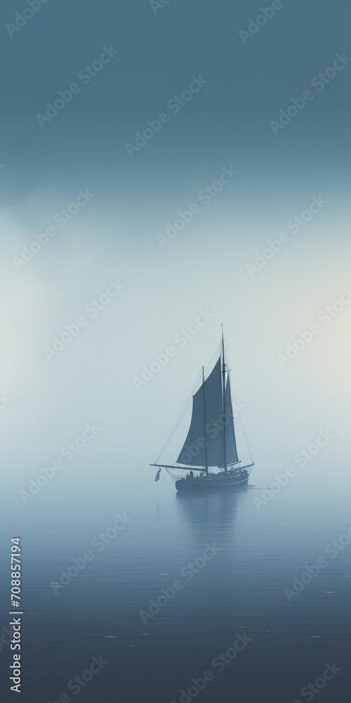 Foggy seascape with a silhouette of a sailboat