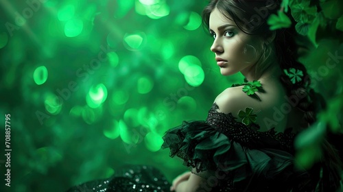 A girl in a black and green dress St. Patrik bokeh green background photo