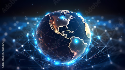 Globally connected communication technology globe showing concept of internet, internet of things, cyberspace, global business, innovation, big data science, digital finance, blockchain