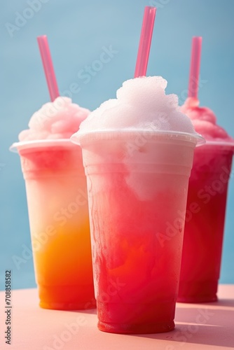 Three plastic cups of colorful slush drinks with straws