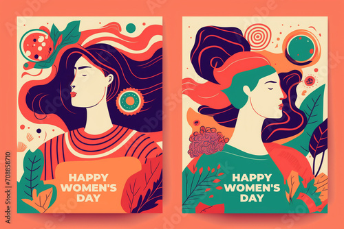 Girls' Faces. A pattern of faces. Women's Day holiday. Typography posters design. Set of flat illustrations. Layout creative. Print, label, cover.
