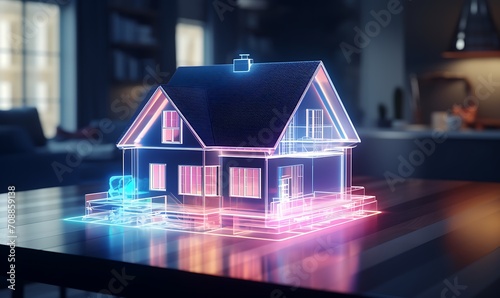 Holo concept 3d render of small residential house model on table in real estate agency. . futuristic business. blurry background. Generative Ai 