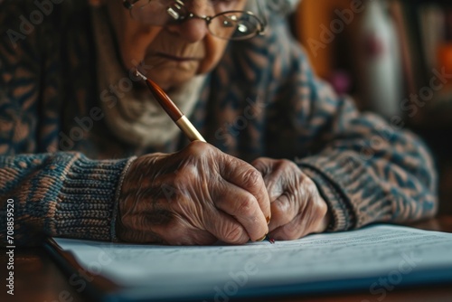 Hands of a elderly woman in the room, writing, signing