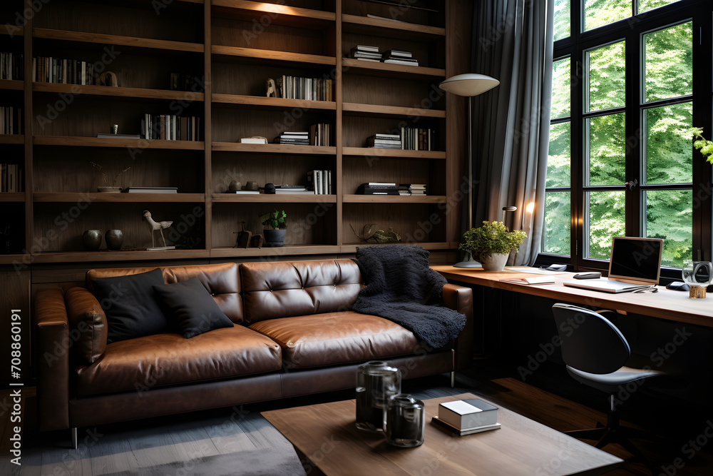 A home office with a comfortable couch for breaks, a book shelves on background A home office with a comfortable couch for breaks, a book shelves on background