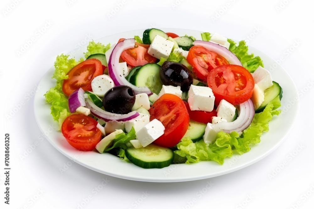 Greek Salad on a White Plate Isolated on White Background Greek Salad on a White Plate Isolated on White Background