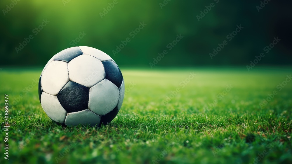 Classic soccer ball, typical black and white pattern, placed on the white marking line of the stadium turf. Traditional football ball on the green grass lawn with copy space.