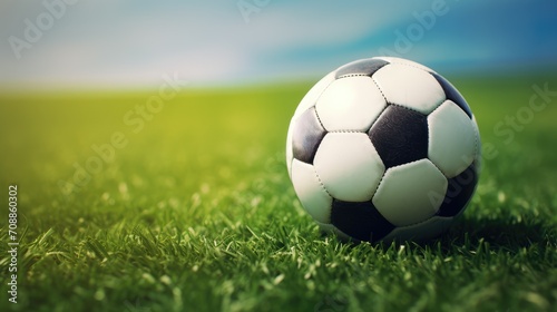 Classic soccer ball, typical black and white pattern, placed on the white marking line of the stadium turf. Traditional football ball on the green grass lawn with copy space. © VIK