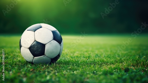 Classic soccer ball, typical black and white pattern, placed on the white marking line of the stadium turf. Traditional football ball on the green grass lawn with copy space.