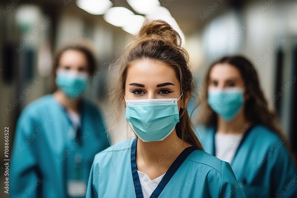 Three female nurses wearing surgical masks in a hospital hallway Three female nurses wearing surgical masks in a hospital hallway