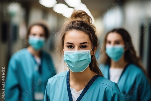 Three female nurses wearing surgical masks in a hospital hallway