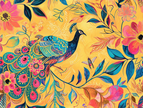 Wallpaper Mural Beautiful Timeless Classic Victorian style Poetic and Hand Painted Retro Fine Art canvas for wallpaper and background with Colorful Peacocks, birds, Flowers and plants, Nature-inspired and floral bota Torontodigital.ca