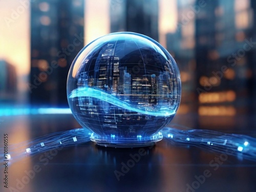 Technology concept database with digital blue wavy optical fiber wires with a globe with a blurry building on the background