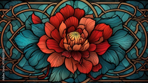 vibrant stained glass floral design with red blooms and blue hues. artistic illustration for elegant home decor and creative backgrounds