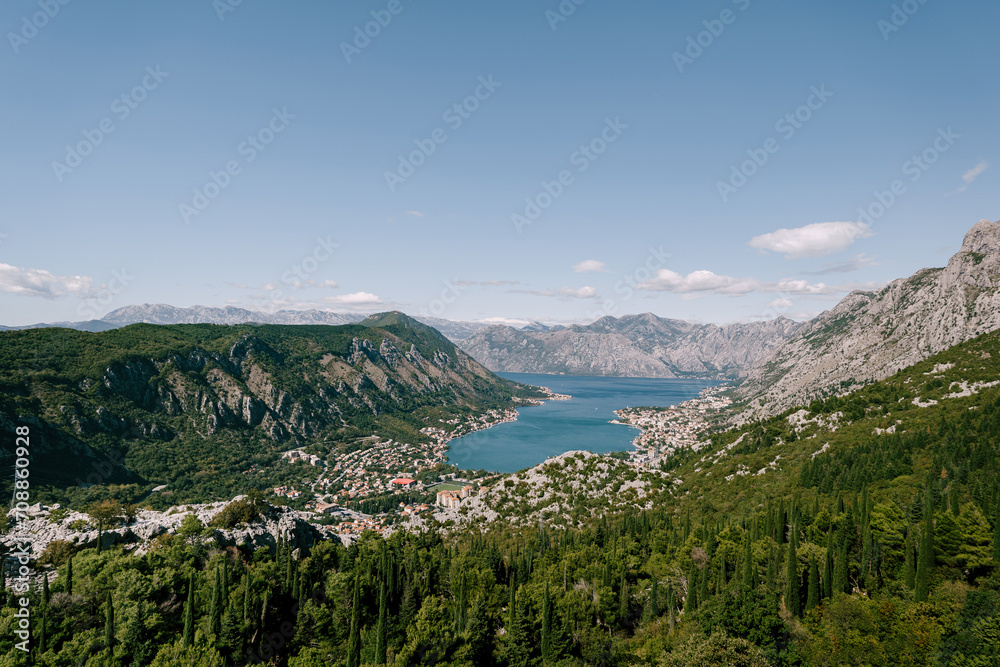 View from Mount Lovcen to the Bay of Kotor surrounded by a mountain range. Montenegro