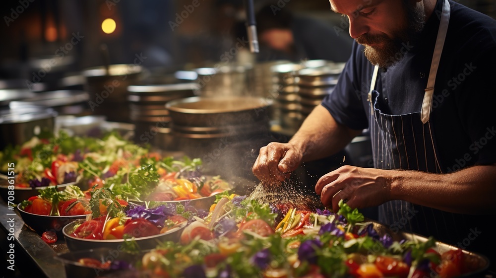 Obraz premium Chef carefully sprinkling spices over a salad