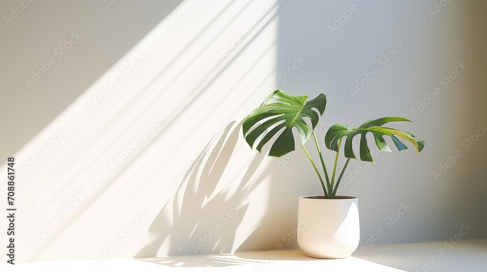 Monster flower in a large white pot against the wall, illuminated by the sun. High quality photo. Shadows from the window on the wall. Flowers and plants for the home. Monstera. Monster flower in a large white pot against the wall, illuminated by the sun. High quality photo. Shadows from the window on the wall. Flowers and plants for the home. Monstera.