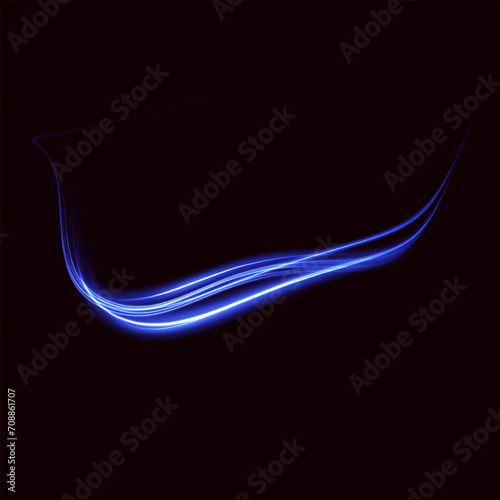 Blue glowing shiny lines effect black background. Luminous white lines of speed. Light glowing effect. Light trail wave, fire path trace line and incandescence curve twirl.