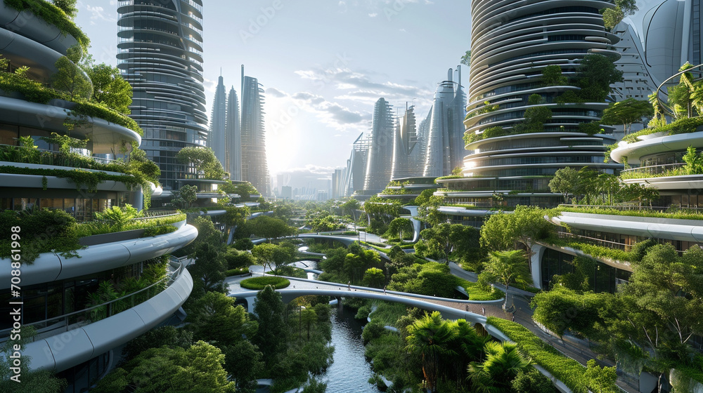 Fototapeta premium Flourishing sustainable city focusing on green energy solutions, AI Generated