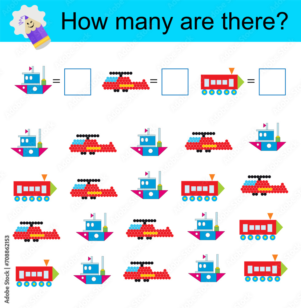 Math activity for kids. Developing numeracy skills. Cartoon helicopter, locomotive, ship.
