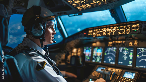 Pilot in airplane cockpit representing aviation jobs, AI Generated photo