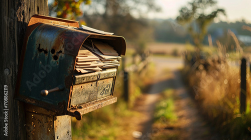 Plethora of letters, bills, and unsolicited mail in country mailbox, AI Generated photo
