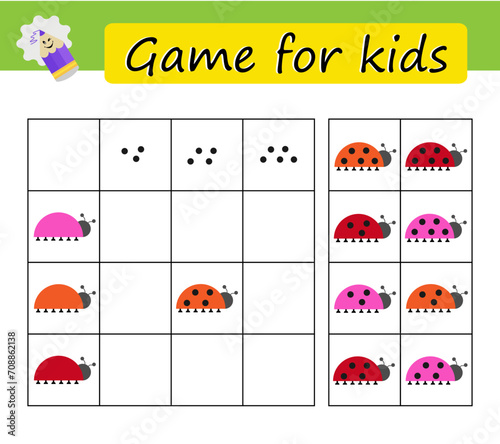 Puzzle task, game for preschool kids. Developing numeracy skills. Cartoon ladybugs.