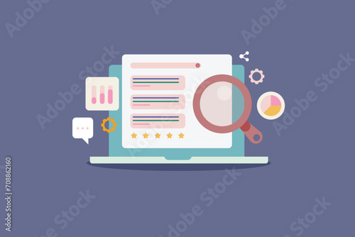 Search engine ranking result with contextual link search bar and visual data magnifier conceptual vector illustration web banner.